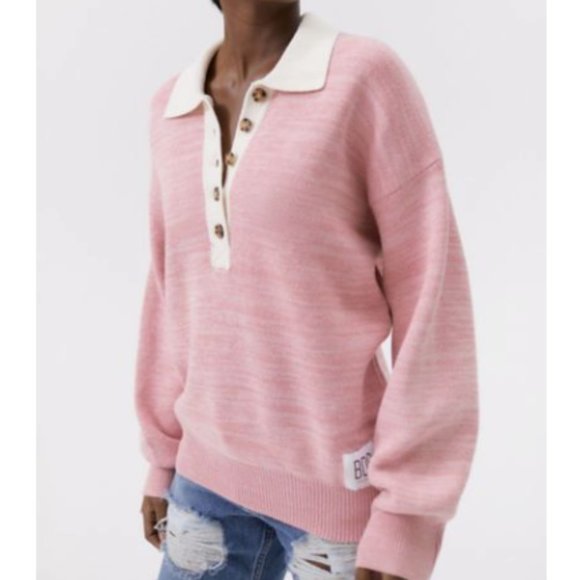 BDG Rugby Sweater Oversized Knit Collard Half Button Bubblegum Pink SZ XS - Picture 5 of 16